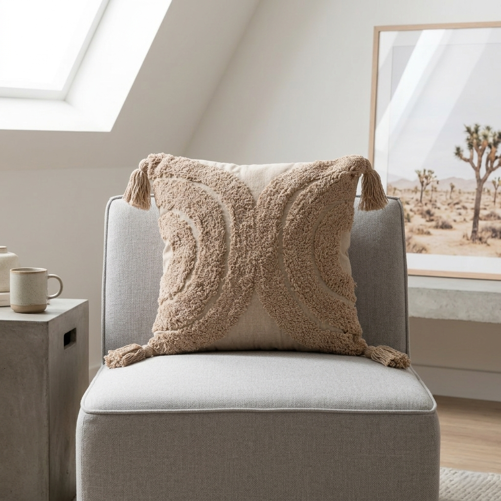 Boho tufted beige, peach cushion with tassels minimal