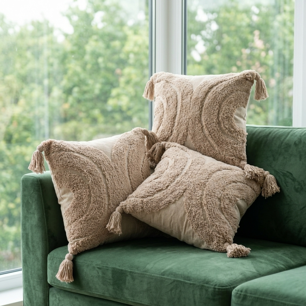Boho tufted beige, peach cushion with tassels minimal