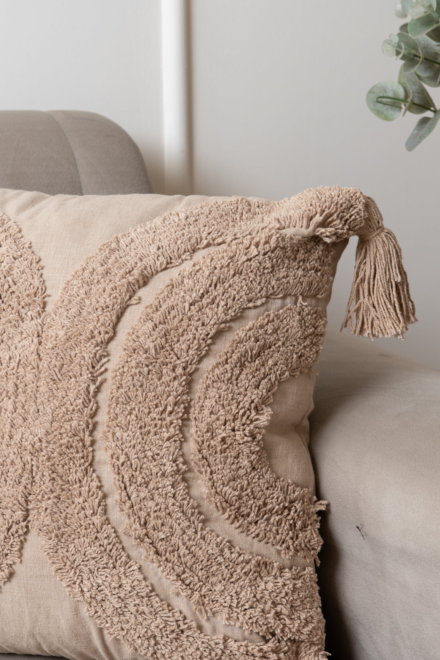 Boho tufted beige, peach cushion with tassels minimal