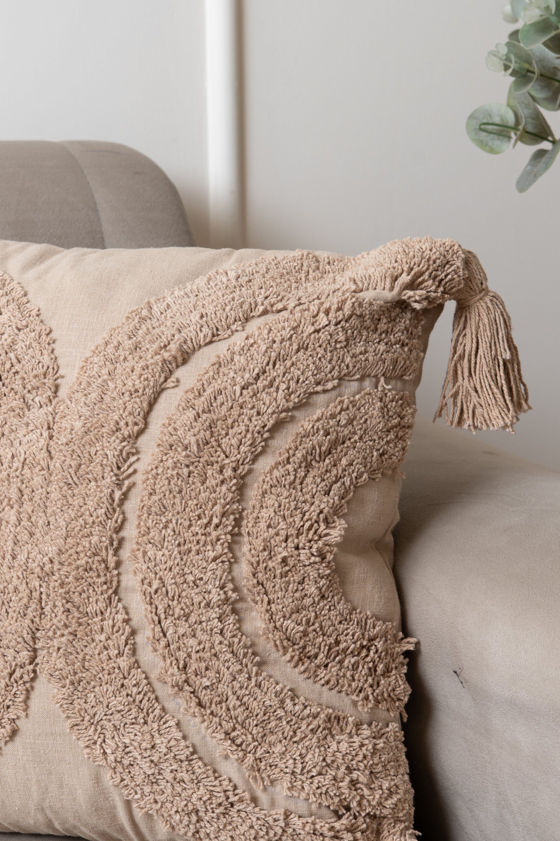 Boho tufted beige, peach cushion with tassels minimal
