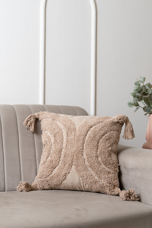 Boho tufted beige, peach cushion with tassels minimal