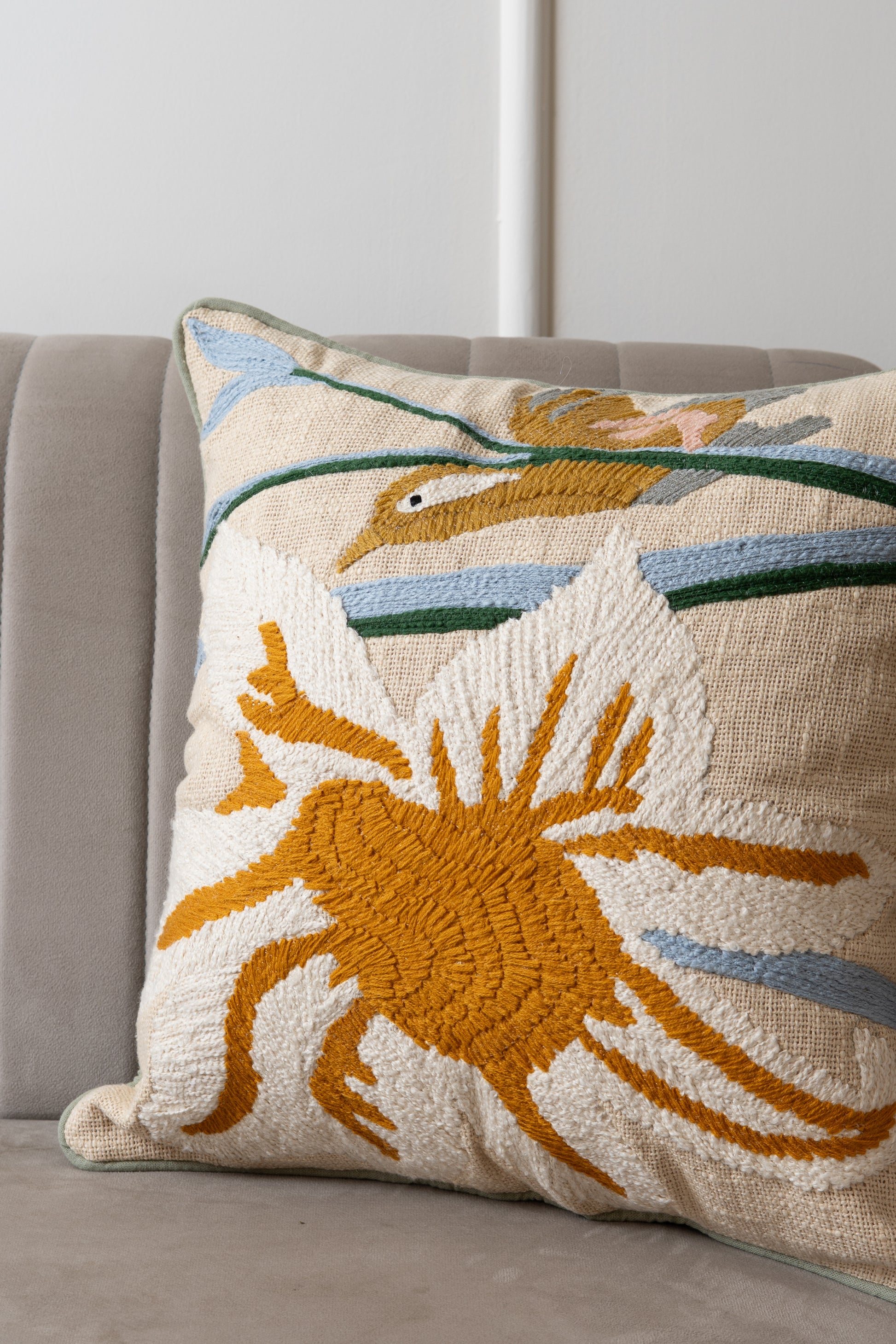 Decorated embroidered cushion cover natural colours