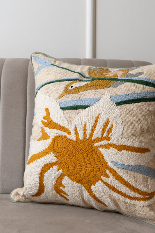 Decorated embroidered cushion cover natural colours