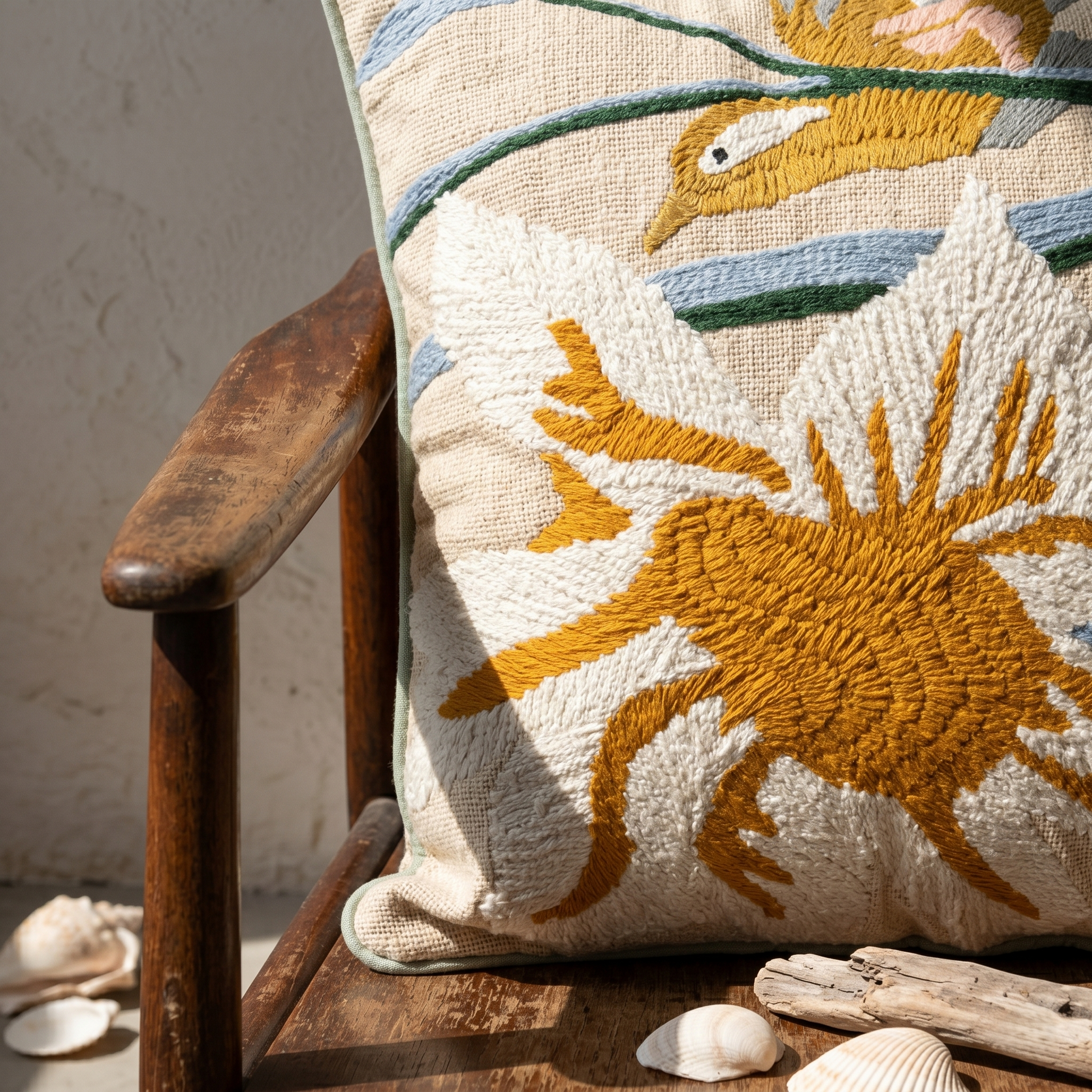Decorated embroidered cushion cover natural colours