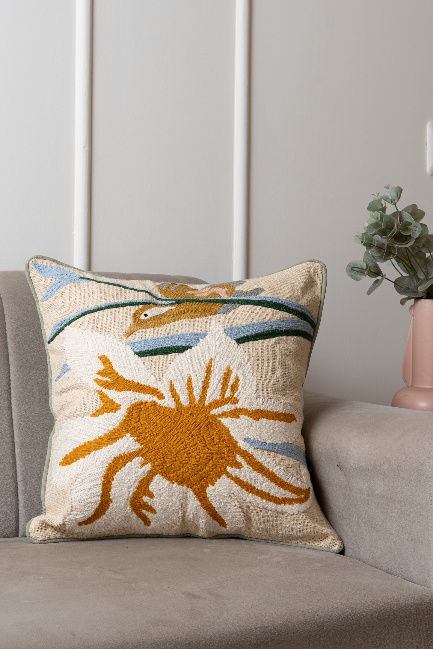 Decorated embroidered cushion cover natural colours