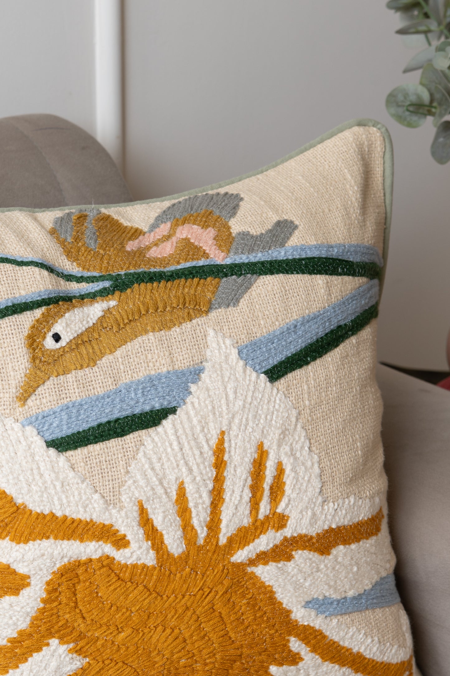 Decorated embroidered cushion cover natural colours