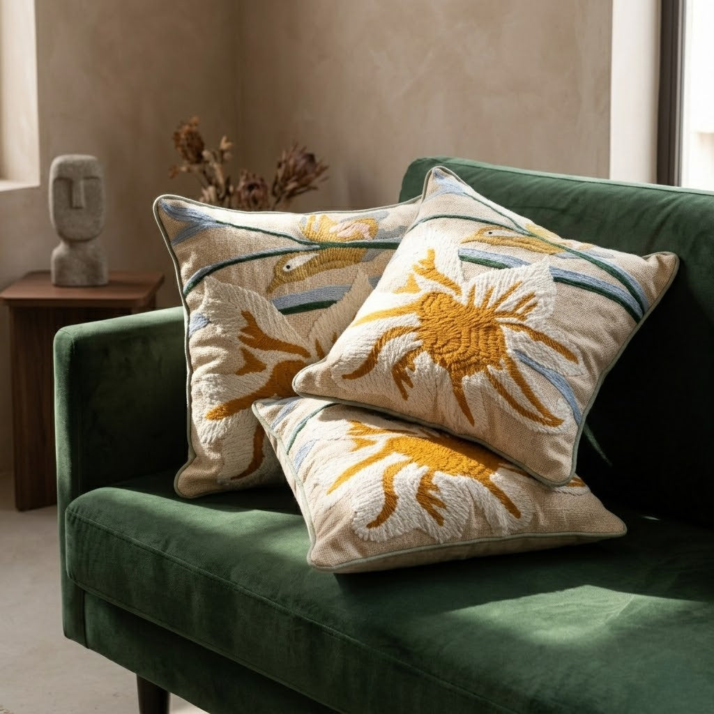 Decorated embroidered cushion cover natural colours
