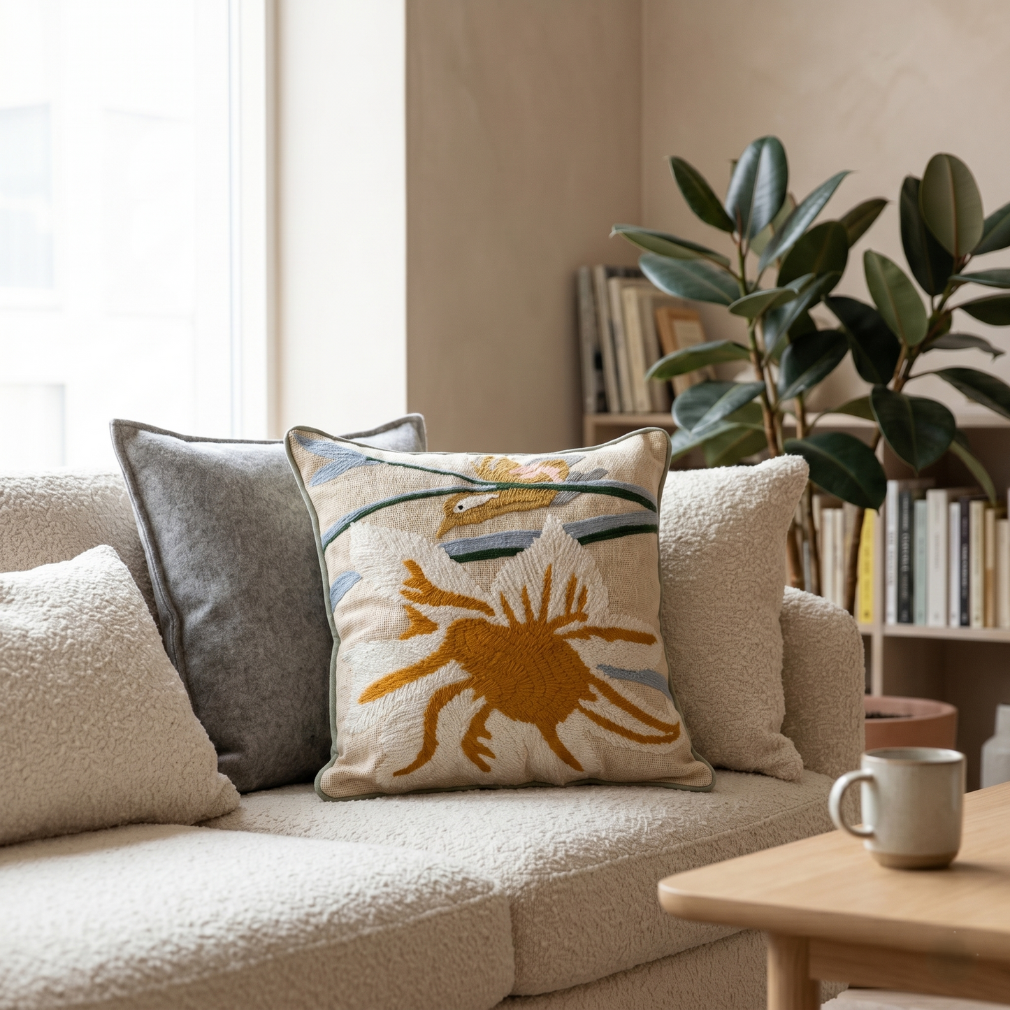 Decorated embroidered cushion cover natural colours
