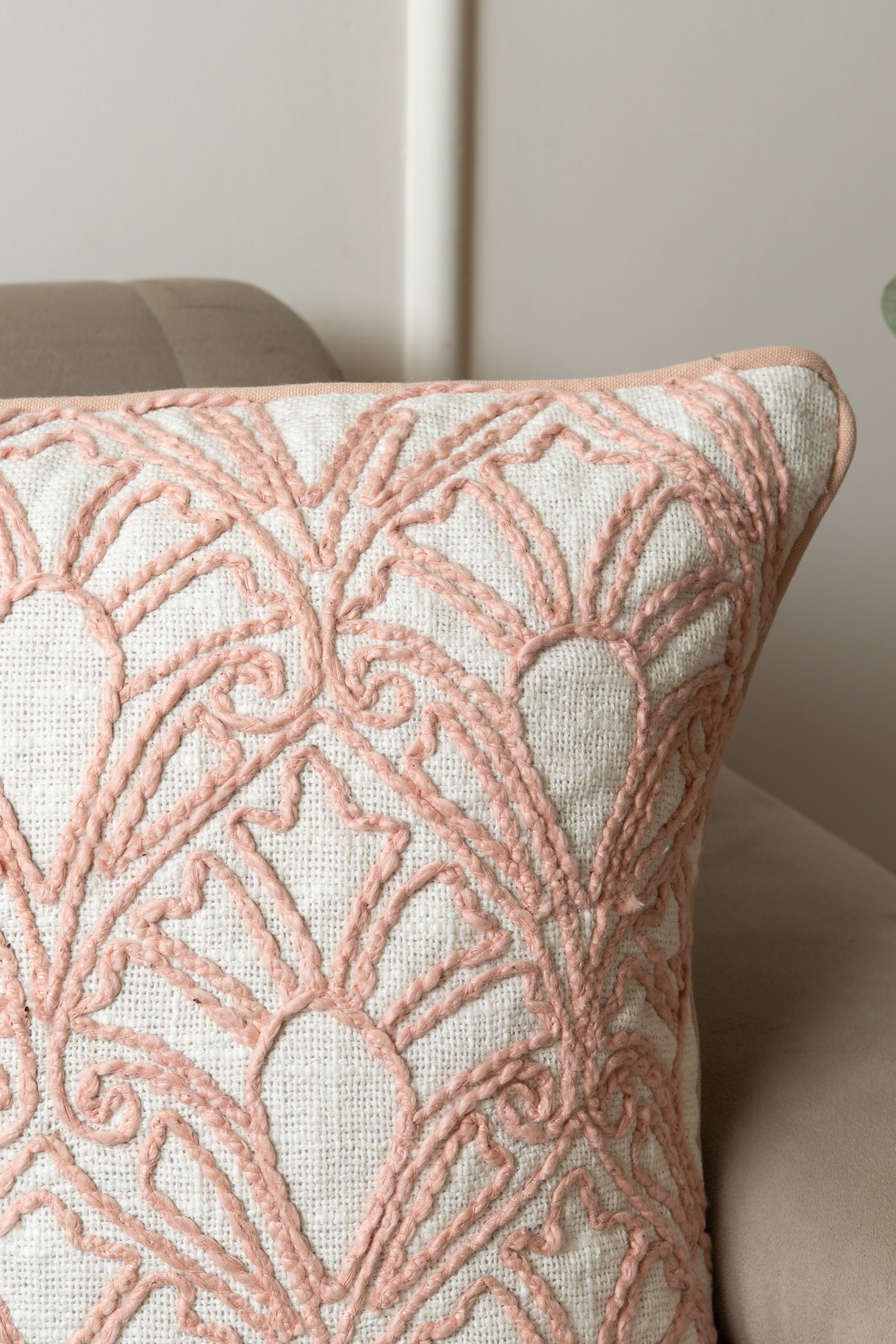 18x18 inch blush pink and cream cotton cushion cover with intricate embroidered floral pattern, decorative throw pillow for home decor