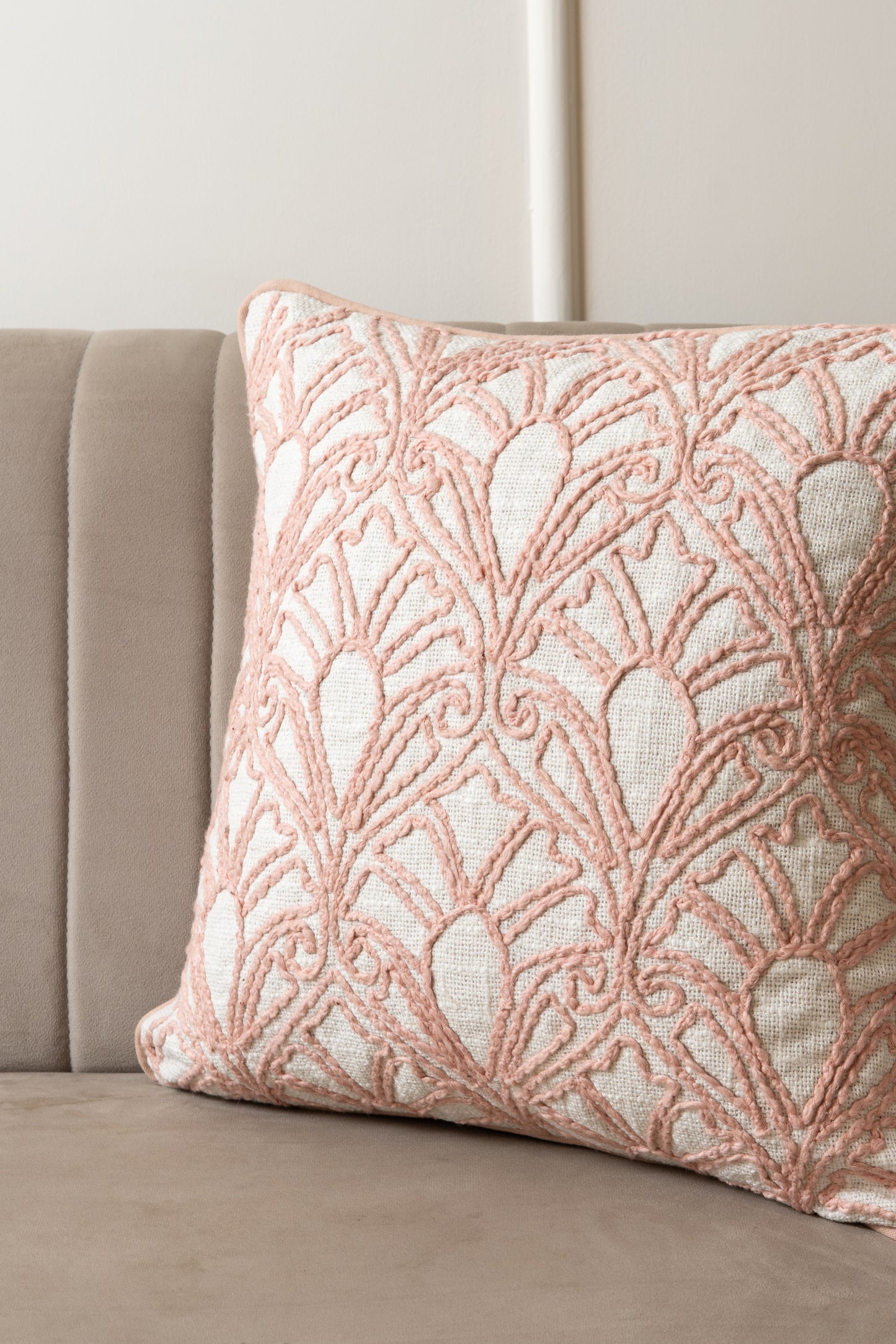 18x18 inch blush pink and cream cotton cushion cover with intricate embroidered floral pattern, decorative throw pillow for home decor