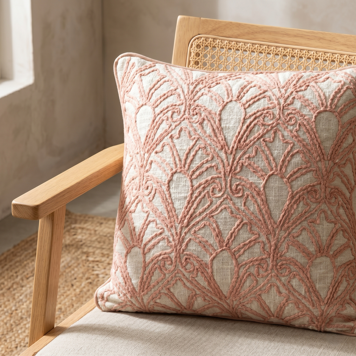 18x18 inch blush pink and cream cotton cushion cover with intricate embroidered floral pattern, decorative throw pillow for home decor