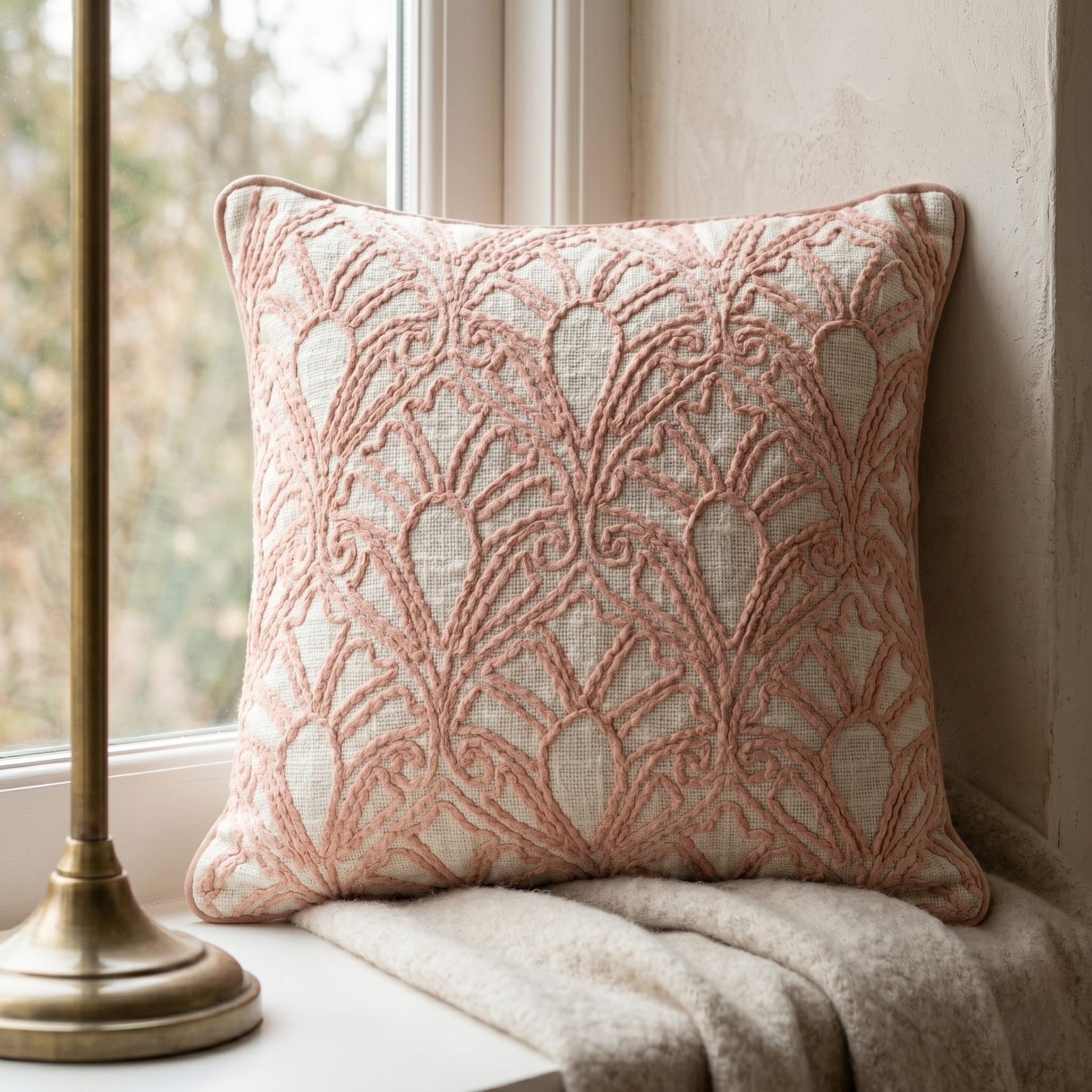 18x18 inch blush pink and cream cotton cushion cover with intricate embroidered floral pattern, decorative throw pillow for home decor